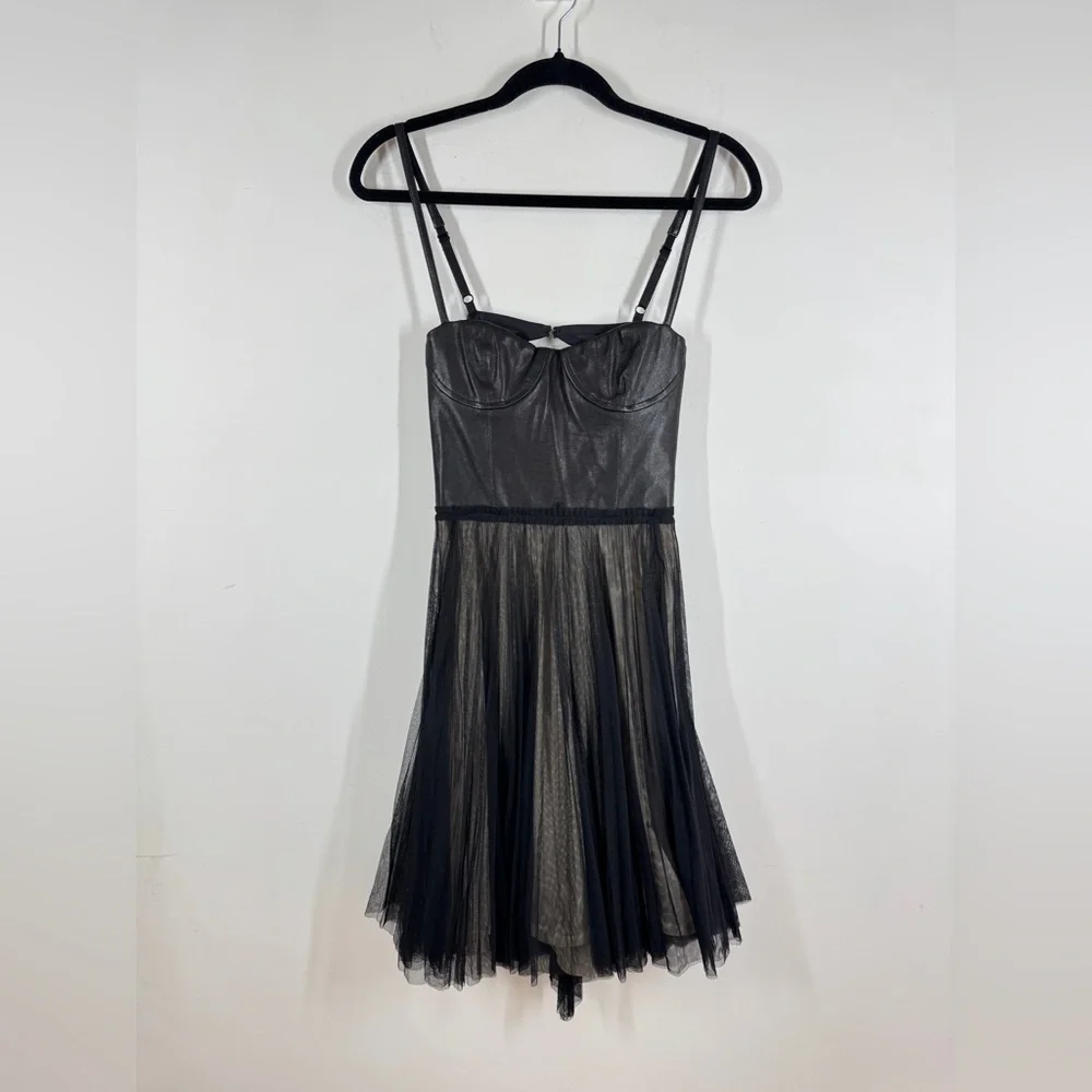 Alice + Olivia Leather Tulle Dress Black Fit Flare Party Mini Size 6 Dark Goth - Picture 2 of 15
